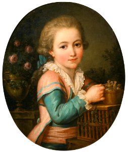 Marie-Victoire Lemoine (attr) Portrait of a boy feeding two bird. Free illustration for personal and commercial use.