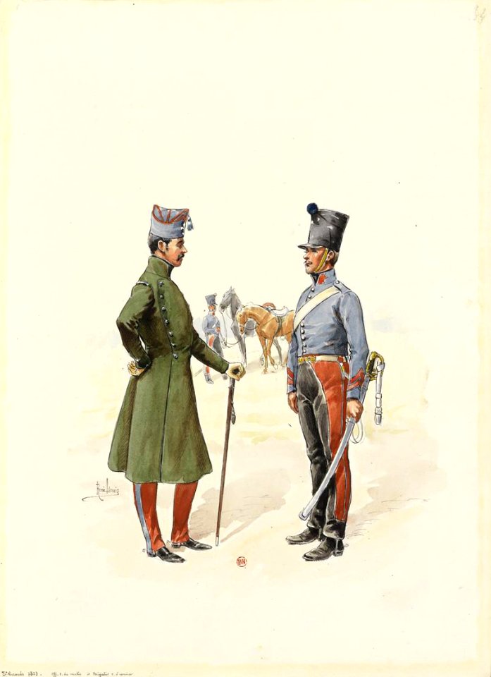 1823 - Officier en tenue du matin et brigadier en tenue d'exercice du 3e Hussards (34)