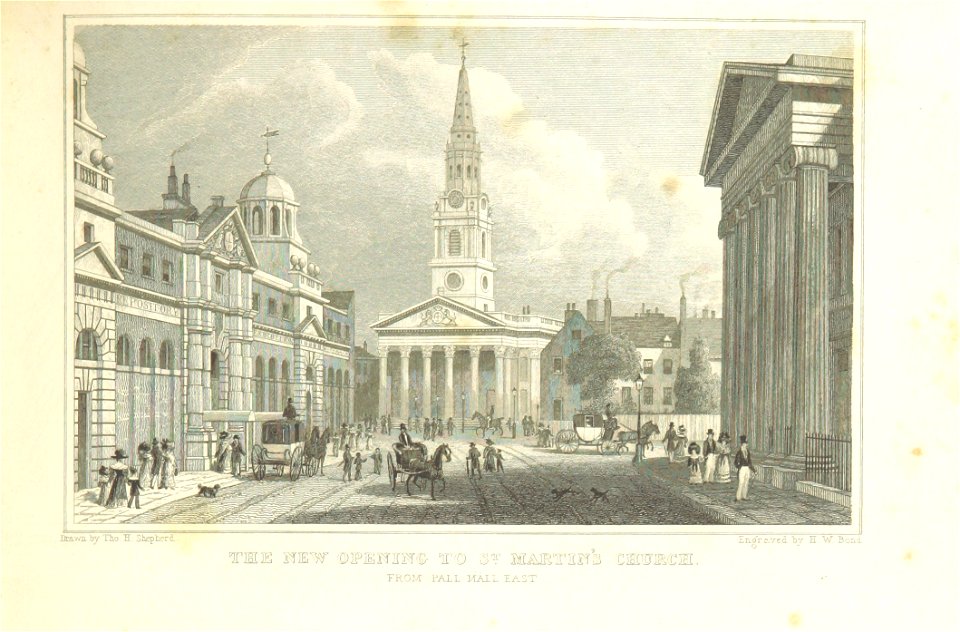 The new opening to St Martin's Church from Pall Mall East - Shepherd, Metropolitan Improvements (1828), p193