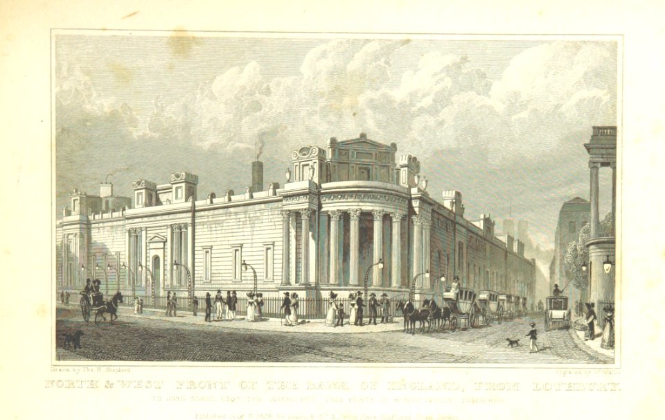 North and West Front of the Bank of England, from Lothbury - Shepherd, Metropolitan Improvements (1828), p211