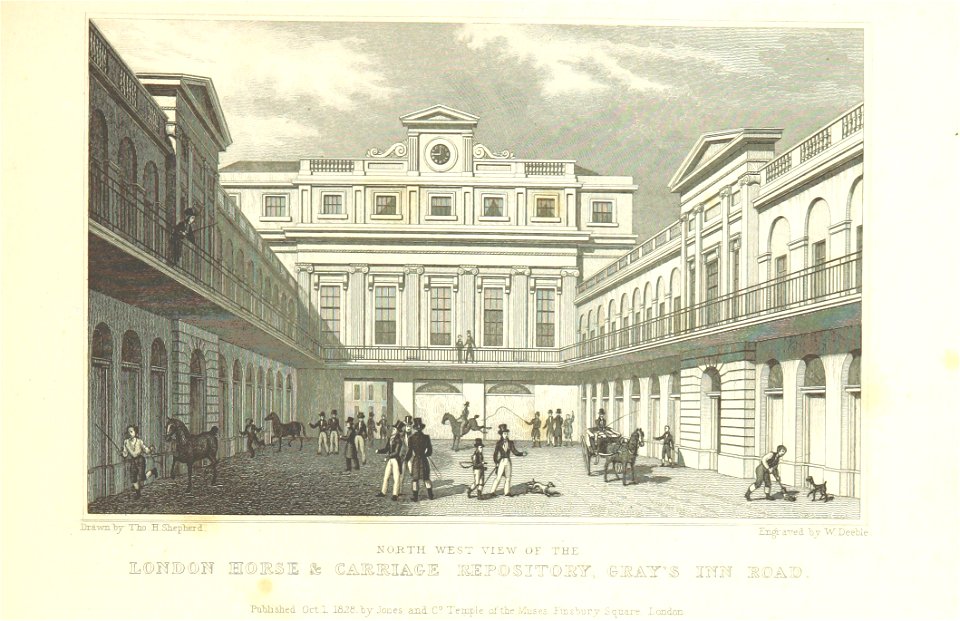 NW View of the London Horse and Carriage Repository, Gray's Inn Road - Shepherd, Metropolitan Improvements (1828), p213