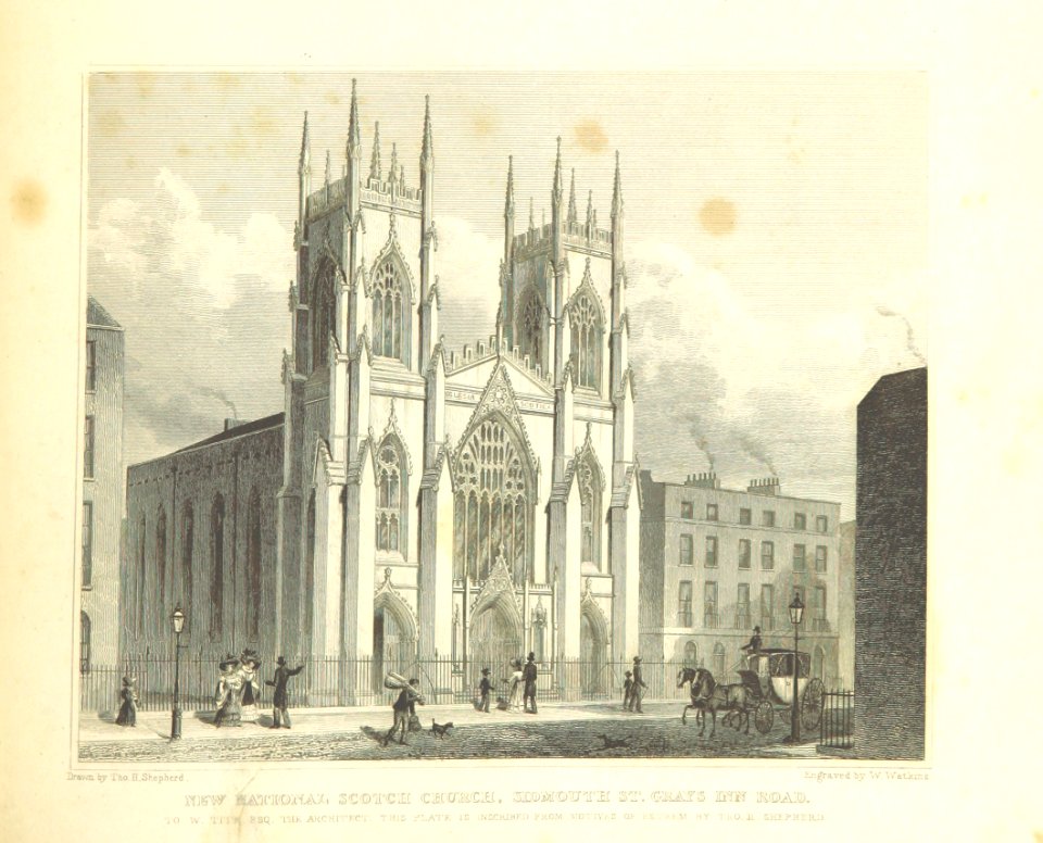 New National Scotch Church, Sidmouth St, Gray's Inn Road - Shepherd, Metropolitan Improvements (1828), p321
