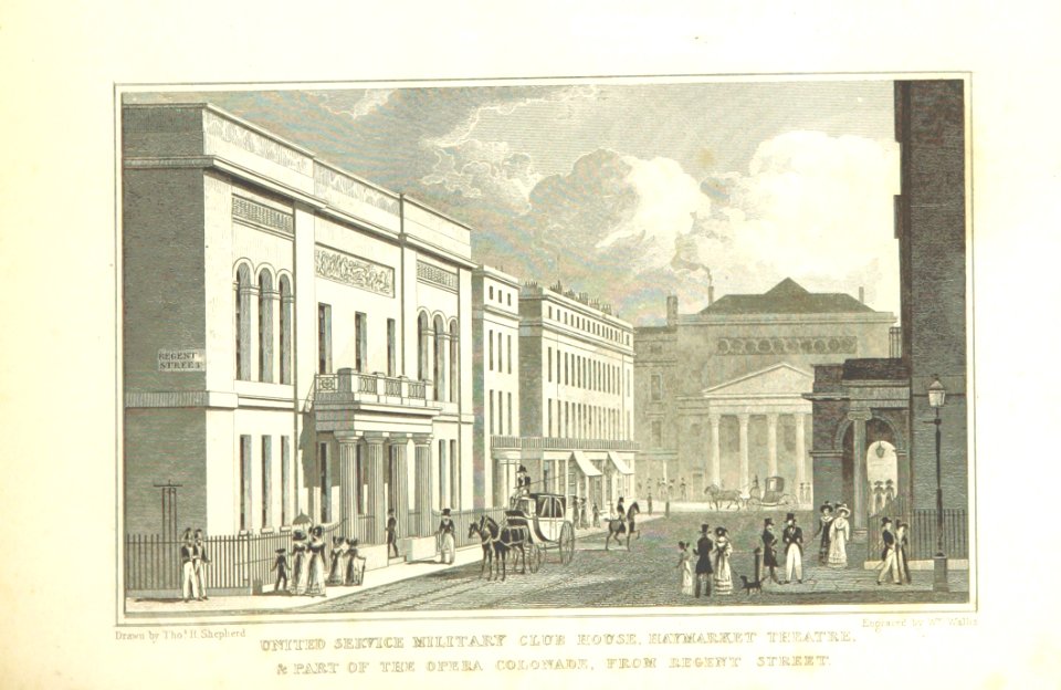 Haymarket Theatre, from Regent Street - Shepherd, Metropolitan Improvements (1828), p225