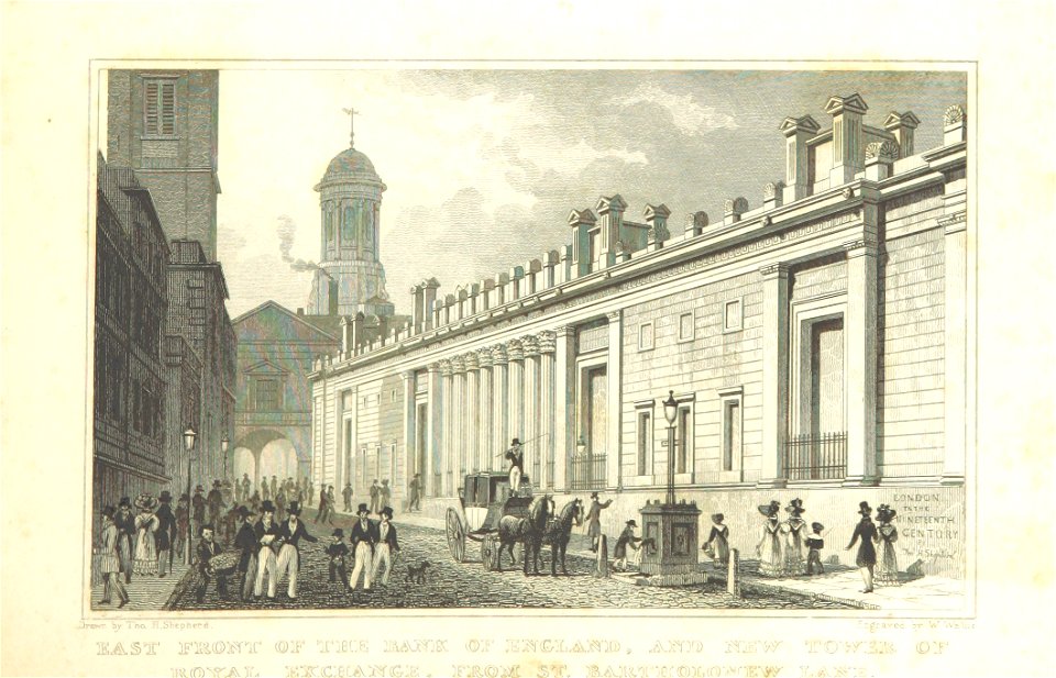 East Front of the Bank of England, and new Tower of the Royal Exchange, from St Bartholomew's Lane - Shepherd, Metropolitan Improvements (1828), p211