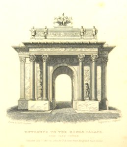 Entrance to the King's Palace, Hyde Park Corner - Shepherd, Metropolitan Improvements (1828), p326. Free illustration for personal and commercial use.