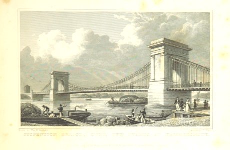 Suspension Bridge, over the Thames at Hammersmith - Shepherd, Metropolitan Improvements (1828), p221. Free illustration for personal and commercial use.