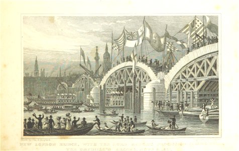 New London Bridge, with the Lord Mayor's Procession passing under the unfinished arches, Novr 9, 1827 - Shepherd, Metropolitan Improvements (1828), p221