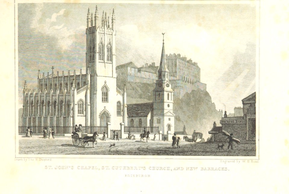 MA(1829) p.145 - St John's Chapel, St Cuthbert's Church, and New Barracks, Edinburgh - Thomas Hosmer Shepherd