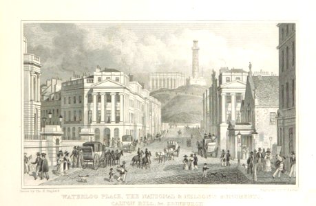 MA(1829) p.073 - Waterloo Place, the National and Nelson's Monuments, Calton Hill, etc, Edinburgh - Thomas Hosmer Shepherd