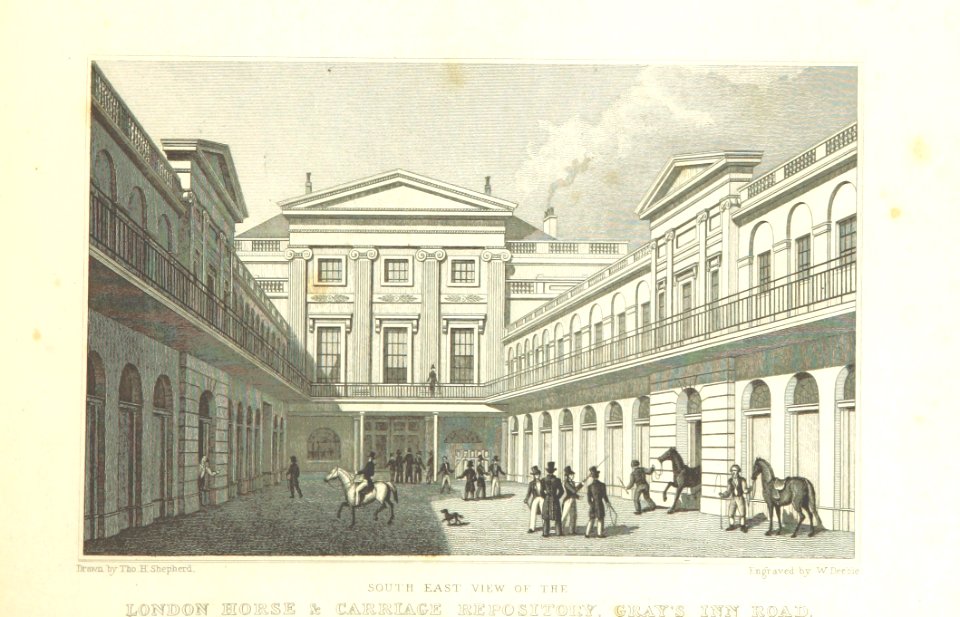 SE View of the London Horse and Carriage Repository, Gray's Inn Road - Shepherd, Metropolitan Improvements (1828), p213