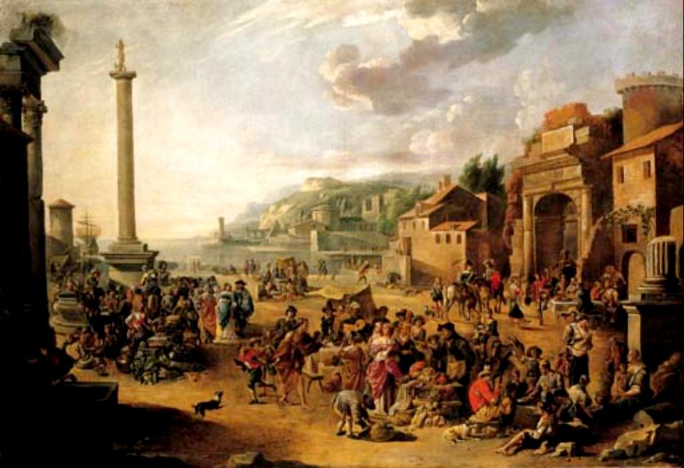 Anton Goubau - A market in an Italianate harbour with Diogenes