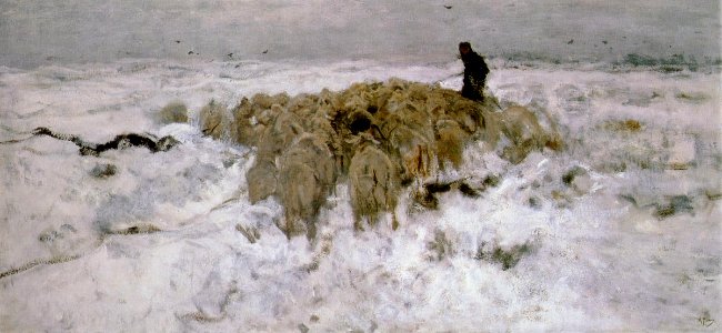Anton Mauve - Kudde schapen met herder in de sneeuw