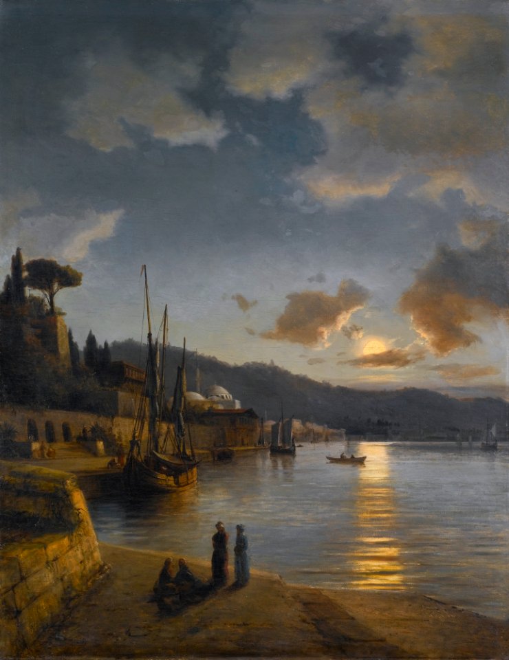 Anton Melbye - En tyrkisk havn i måneskin (1864)