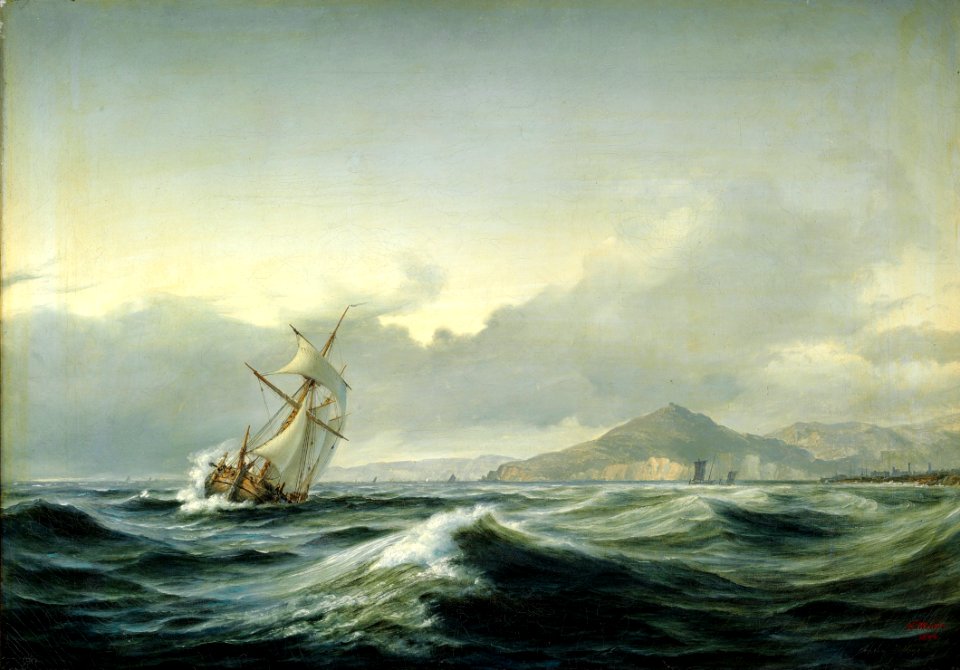 Anton Melbye - Marinemaleri med sejlskib i hård sø. I baggrunden en klippekyst