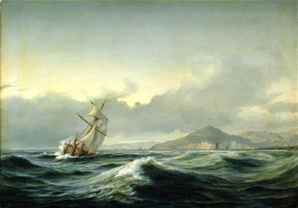 Anton Melbye - Marinemaleri med sejlskib i hård sø. I baggrunden en klippekyst