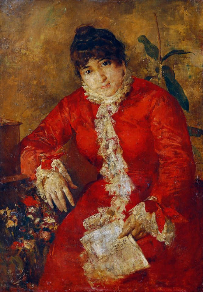 Anton Romako - Frau im scharlachroten Kleid mit Zeitungsblatt und Ficus - 4649 - Österreichische Galerie Belvedere