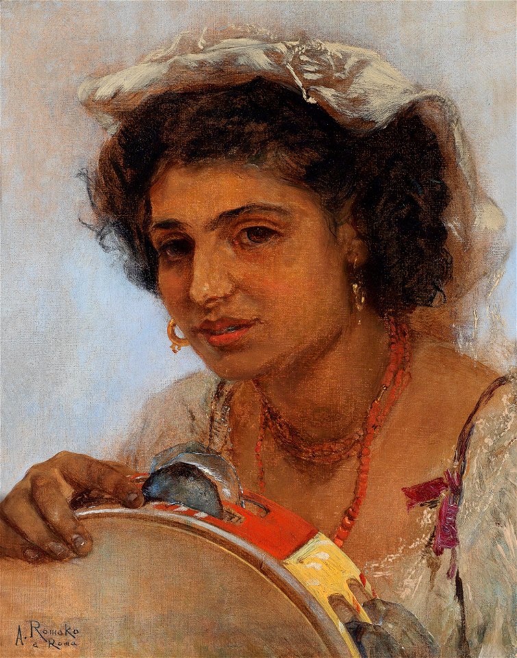 Anton Romako Italienisches Mädchen mit Kopftuch und Tamburin