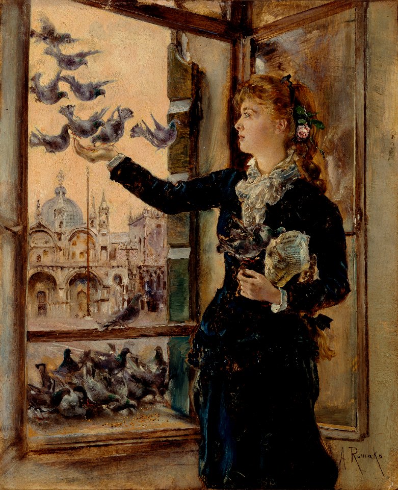 Anton Romako - Mädchen an einem Fenster zum Markusplatz, Tauben fütternd - 4575 - Österreichische Galerie Belvedere