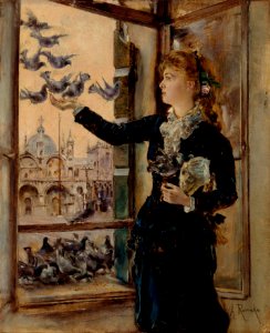 Anton Romako - Mädchen an einem Fenster zum Markusplatz, Tauben fütternd - 4575 - Österreichische Galerie Belvedere