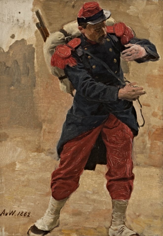Anton von Werner - Französischer Infanterist mit Marschgepäck (Soldat in voller Montur). Studie zu Kriegsgefangen - BG-M-SG 6549^92 - Berlinische Galerie