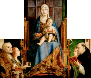 Antonello da Messina, , Kunsthistorisches Museum Wien, Gemäldegalerie - Maria mit Kind und den Hll. Nikolaus von Bari, Anastasia (^), Ursula, Dominikus und (vom Rahmen über - GG 2574 - Kunsthistorisches Museum