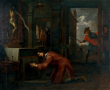 Antoni Viladomat - Saint Francis Receives the Order from the Crucifix at Saint Damian to Repair the House of God - Google Art Project. Free illustration for personal and commercial use.