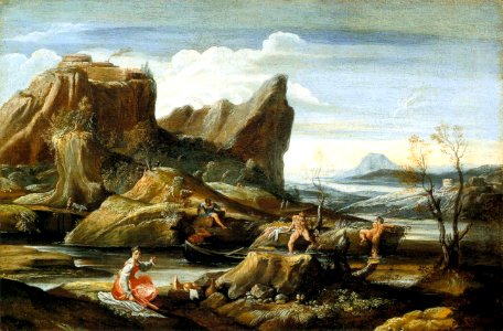 Antonio Carracci - Landscape with Bathers - WGA04462. Free illustration for personal and commercial use.