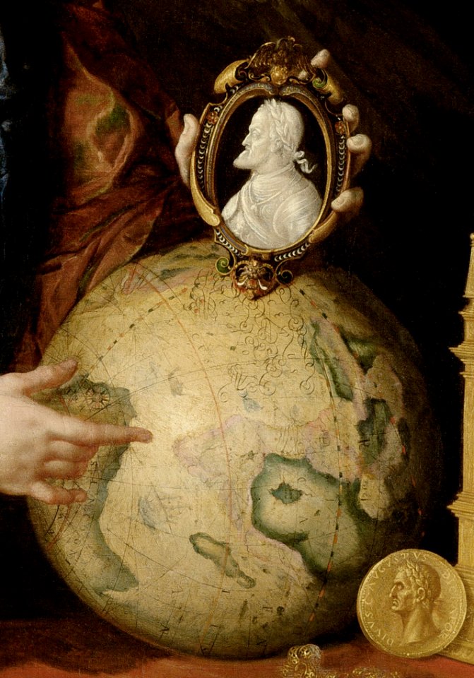 Antonio de Pereda - Allegory of Vanity - esfera del mundo, efigie de Carlos V y medalla del emperador Augusto (cropped)