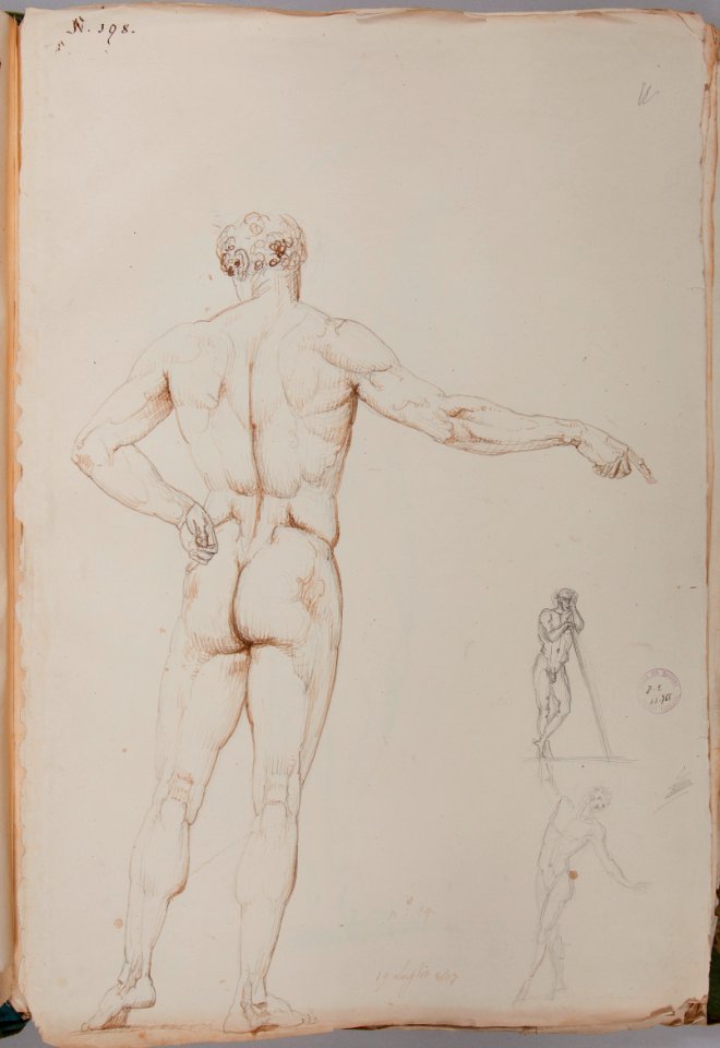 Antonio Canova, Nudo stante di schiena con un braccio proteso e schizzi di nudo a matita, datato 19 luglio 807. Inchiostro seppia e matita su carta, 505 x 340 mm. Bassano del Grappa, Museo-Biblioteca-Archivio, D2 48.766