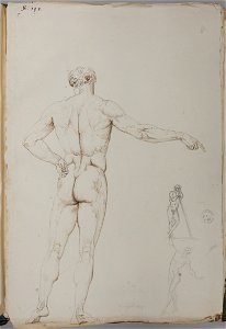 Antonio Canova, Nudo stante di schiena con un braccio proteso e schizzi di nudo a matita, datato 19 luglio 807. Inchiostro seppia e matita su carta, 505 x 340 mm. Bassano del Grappa, Museo-Biblioteca-Archivio, D2 48.766