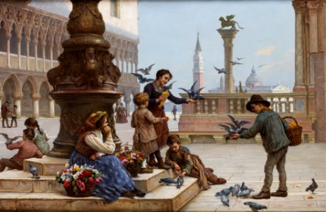 Antonio Ermolao Paoletti Tauben fütternde Kinder in Venedig
