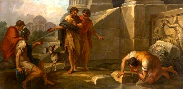 Antonio Zucchi (1726-1796) - Diogenes Casting Away His Wooden Bowl as a Superfluity, on Seeing a Youth Drinking from His Hand (a set of three decorative wall panels) - 872168.8 - National Trust