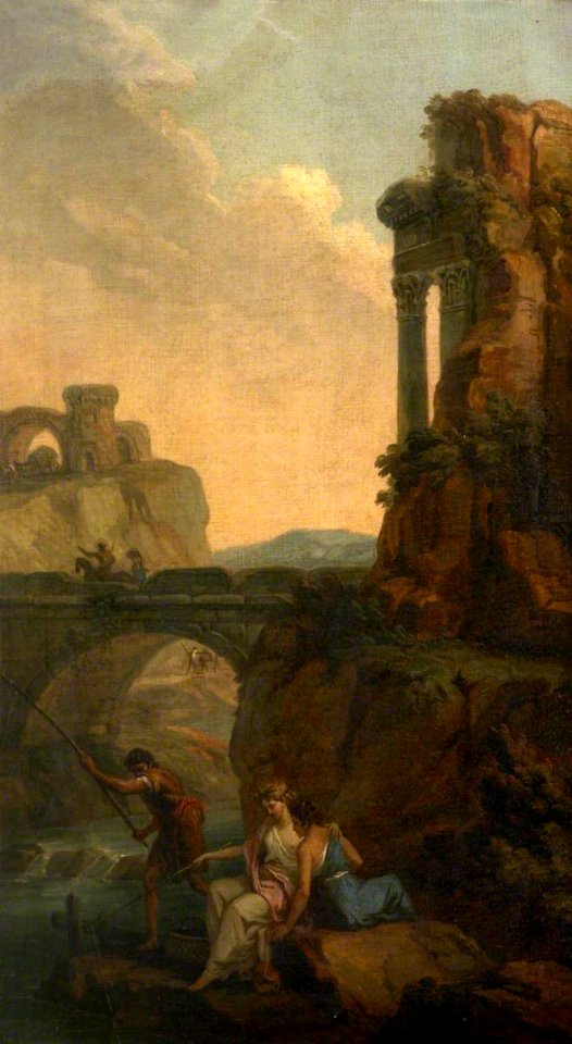 Antonio Zucchi (1726-1796) - Landscape with a Bridge and Ruins with Peasants Fishing (a set of six decorative wall panels) - 872168.5 - National Trust