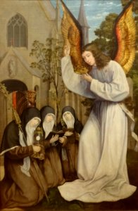 Aparição de um Anjo às Santas Clara e Inês de Assis e Coleta de Corbie Oficina de Quentin Metsys
