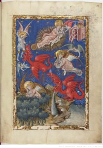 Apocalypse flamande - BNF Néerl3 f.13r Woman and dragon. Free illustration for personal and commercial use.