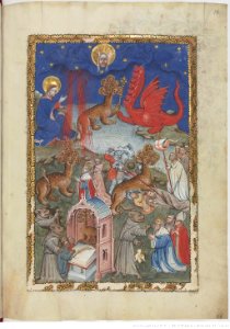 Apocalypse flamande - BNF Néerl3 f.14r Dragon, beast from the sea and false prophet. Free illustration for personal and commercial use.