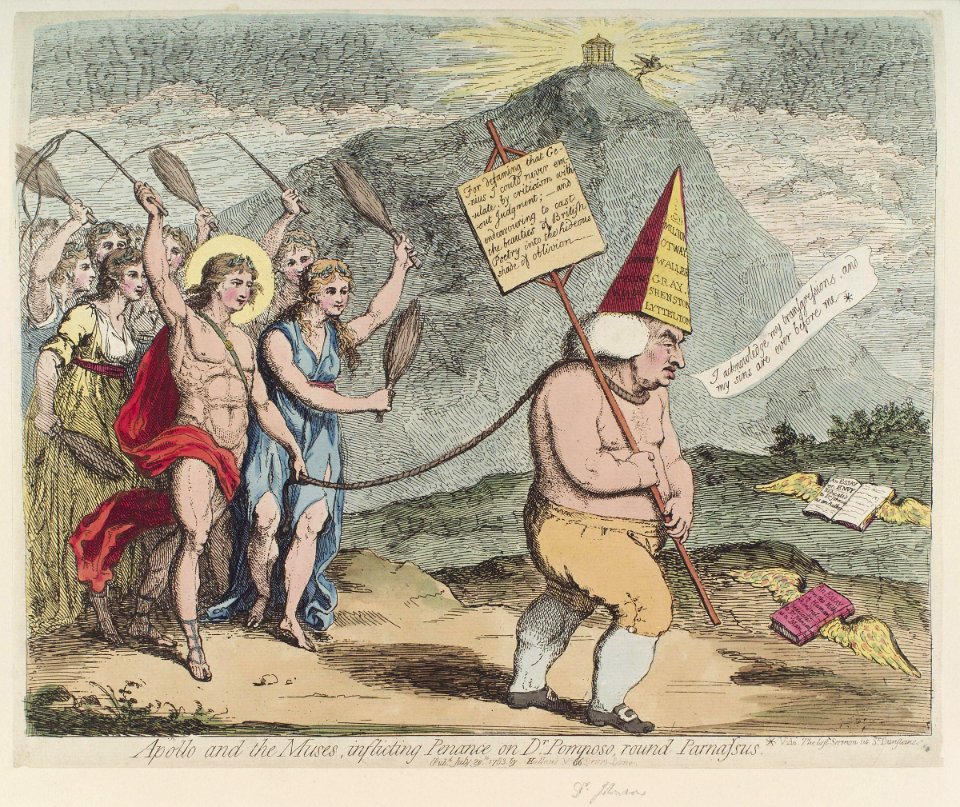 Apollo and the muses, inflicting penance on Dr Pomposo, round Parnassus' (Samuel Johnson) by James Gillray