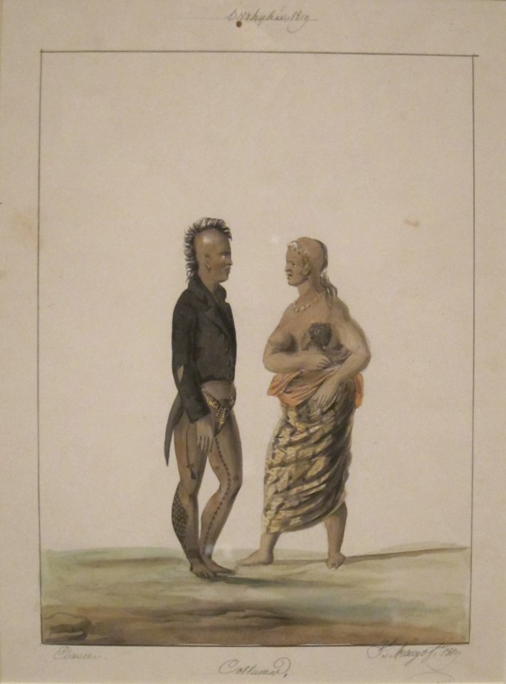 'Costumes' -of Hawaii-, watercolor, ink wash and graphite on paper by Jacques Arago