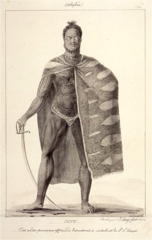 'Ooro, One of the Principal Officers of Kamehameha II', pen and ink wash over graphite by Jacques Arago, 1819, Honolulu Academy of Arts