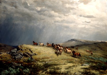 Peter Nicolai Arbo - Horses in the Mountains. Free illustration for personal and commercial use.