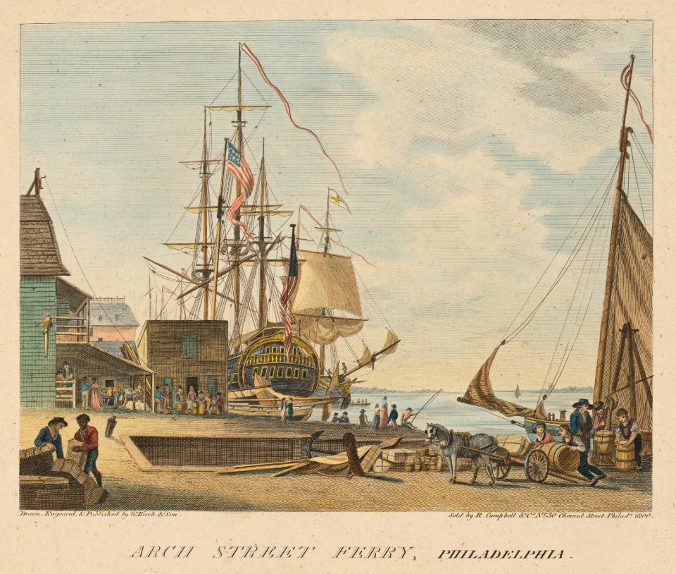 Arch Street Ferry, Philadelphia, by William Russell Birch, 1800, hand-colored engraving, from the National Portrait Gallery - NPG-AD NPG 2013 5 3ArchStFerry-000002