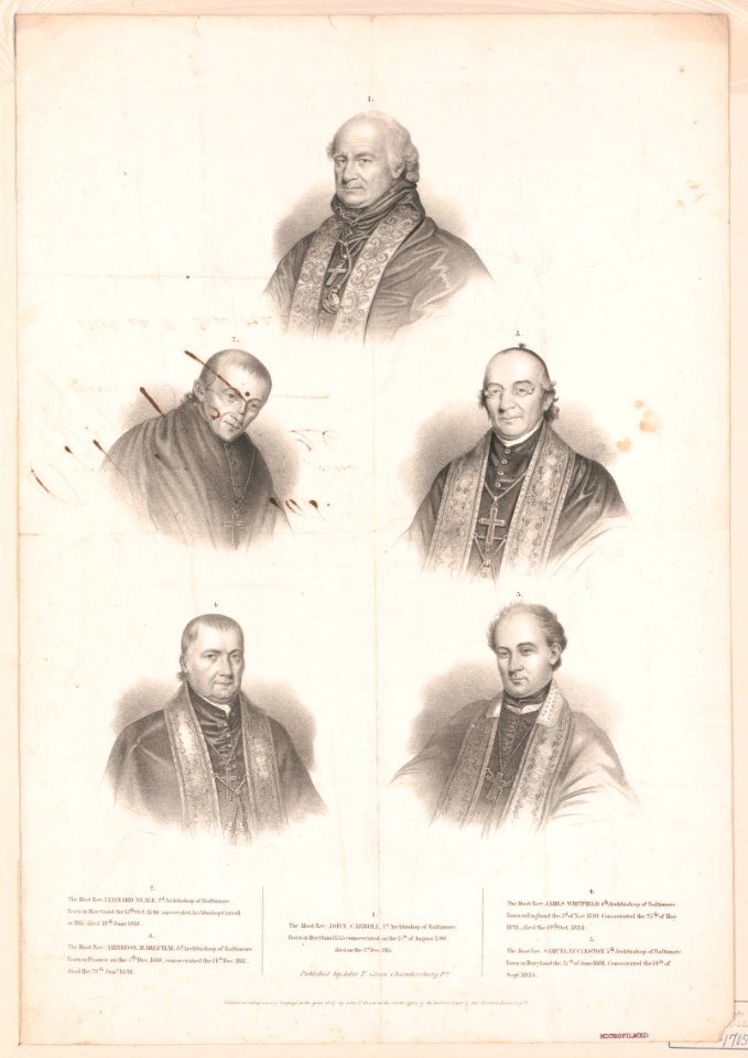 Archbishops of Baltimore, five head-and-shoulder portraits) - on stone by A. Newsam ; Lehman & Duval Lithrs. Philada LCCN2003688800