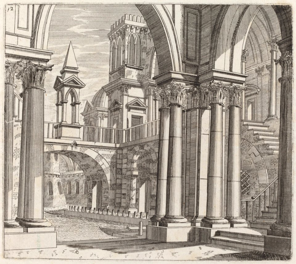 Architectural Fantasy with Buildings, Stairways, and Portals beside a Canal