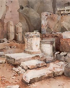 Architectural Elements in Pompeii watercolor by Luigi Bazzani 1915 01