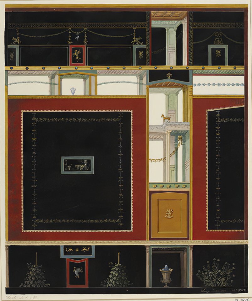 Architectural fresco with black panels in Pompeii watercolor by Luigi Bazzani