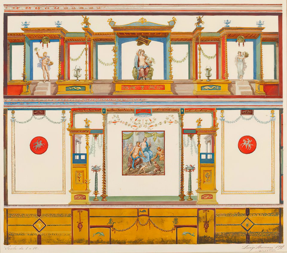 Architectural fresco with mural in Pompeii watercolor by Luigi Bazzani