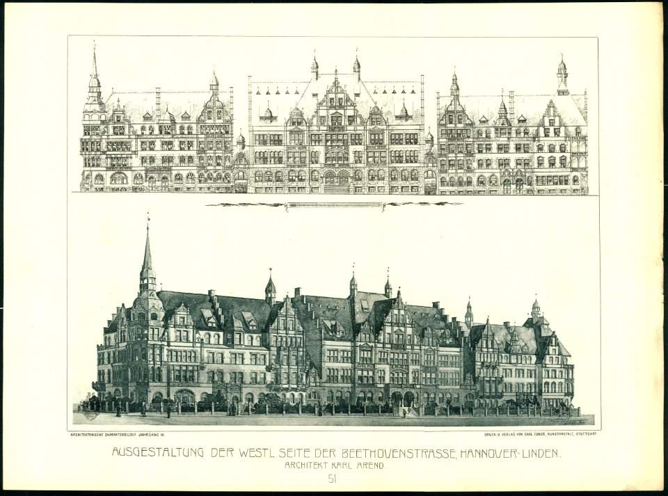 Architektonische Charakterbilder, Jahrgang 3, Tafel 051, Ausgestaltung der westl. Seite der Beethovenstrasse, Hannover-Linden, Architekt Karl Arend (Carl Arend)