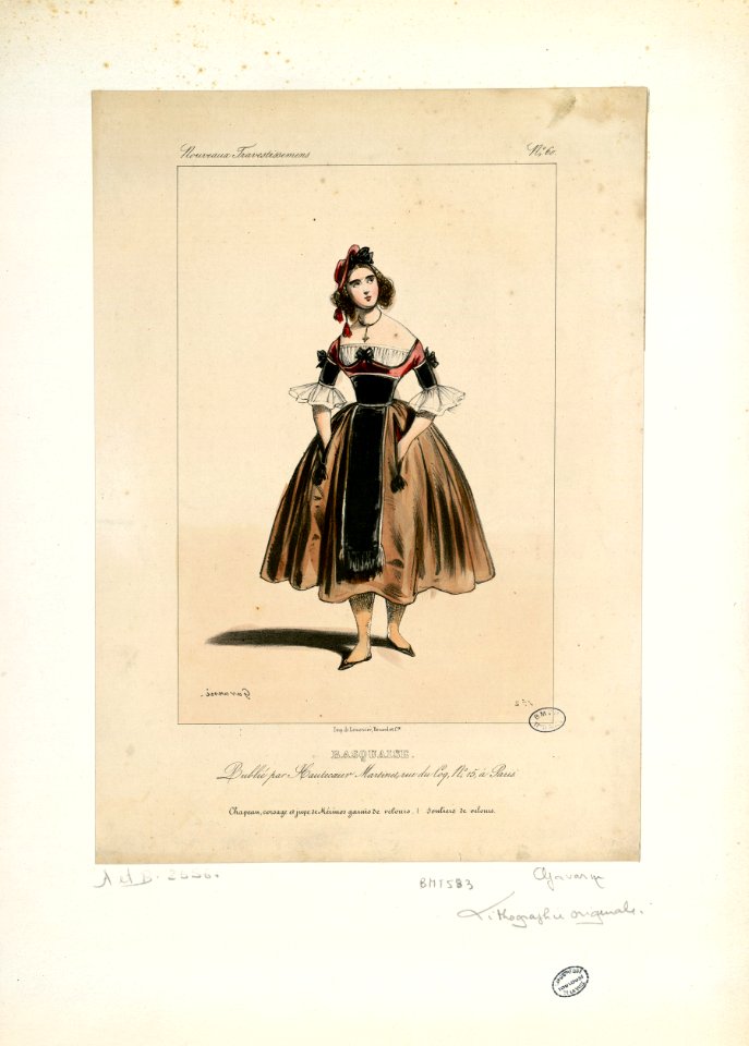 Basquaise - Chapeau, corsage et jupe de mérinos garnis de velours, souliers de velours (Nouveaux travestissemens, n° 60) - Fonds Ancely - B315556101 A GAVARNI 1 019