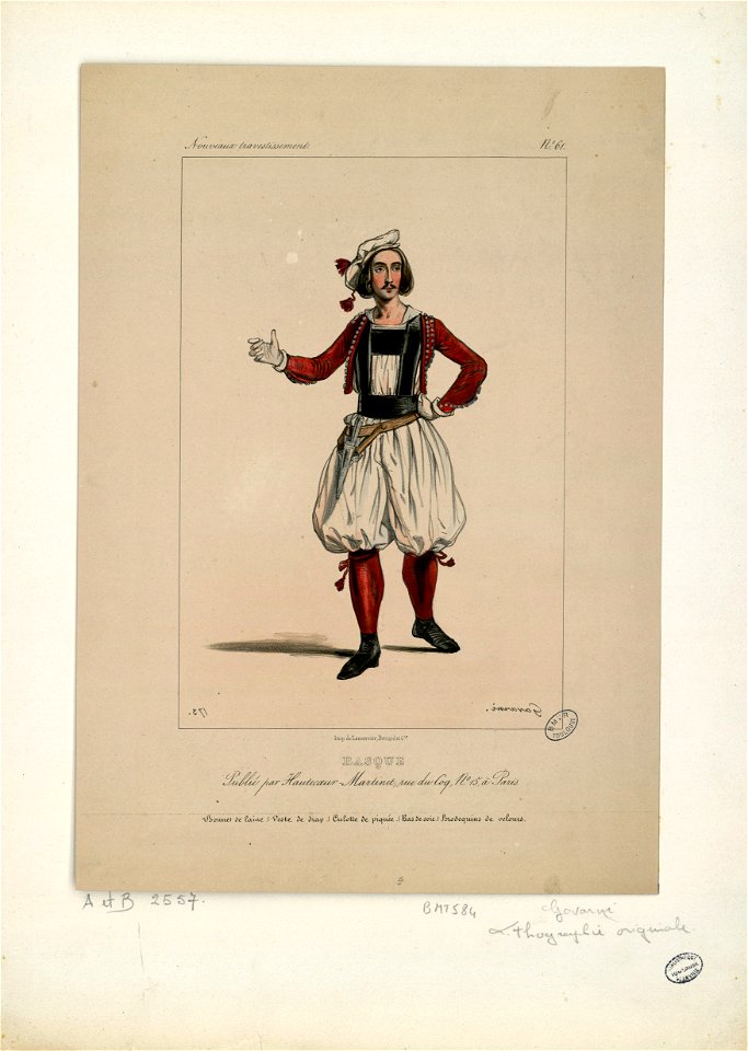 Basque - Bonnet de laine, veste de drap, culotte de piquée, bas de soie, brodequins de velours (Nouveaux travestissemens, n° 61) - Fonds Ancely - B315556101 A GAVARNI 1 020