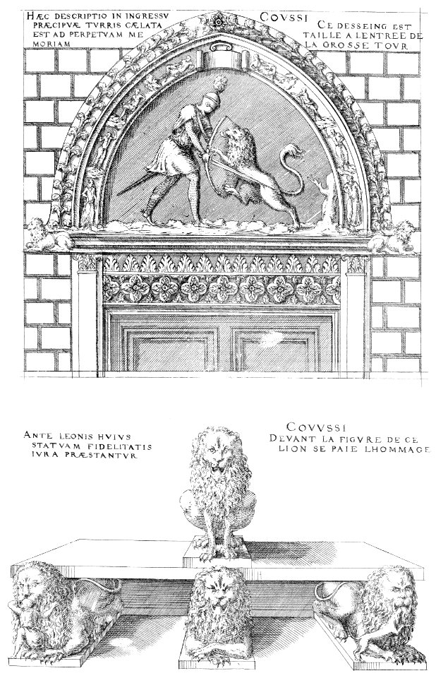 Bastiments v1 (Gregg 1972 p44) - Coucy entrance to the great tower, lion sculptures